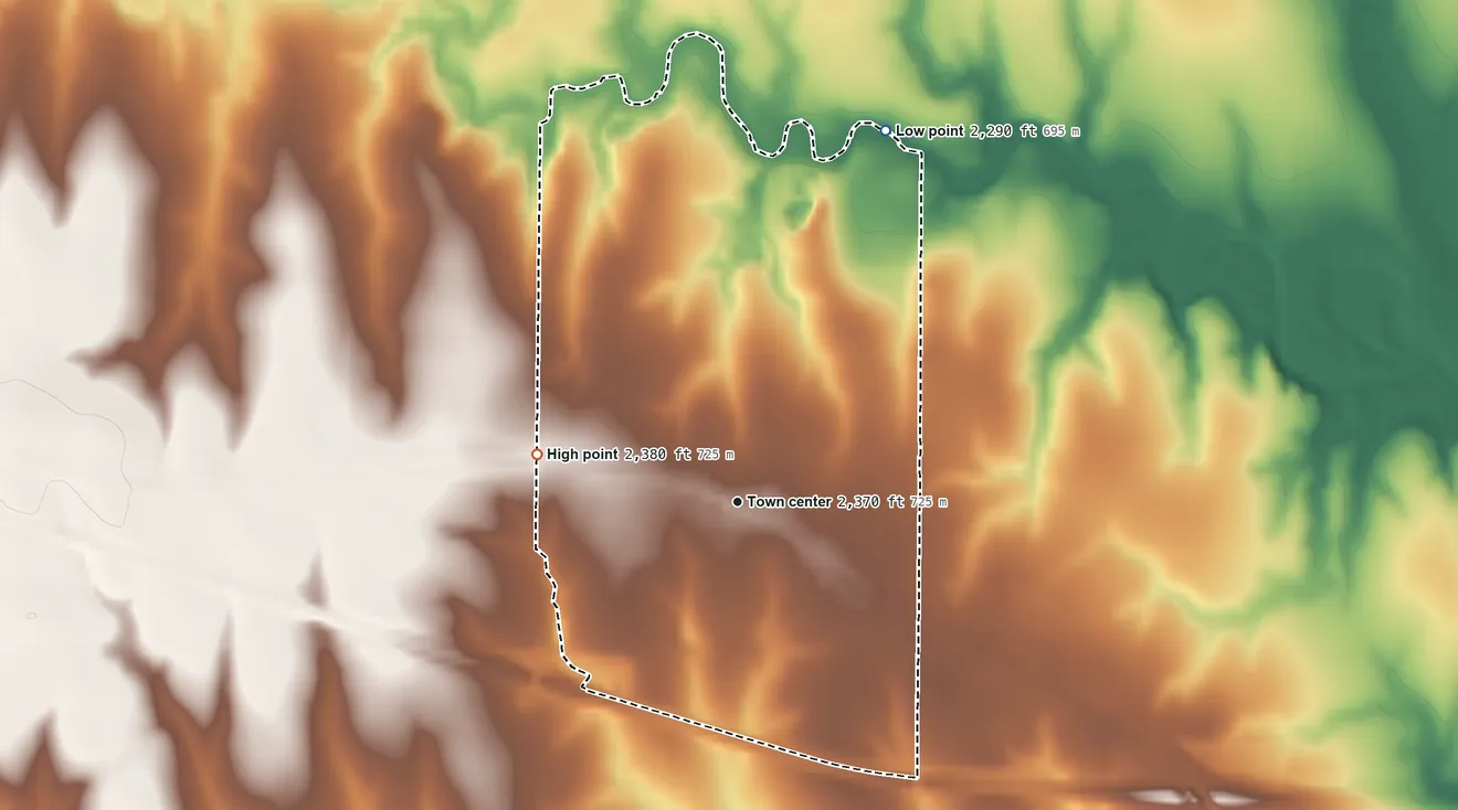 Topographic elevation map of Ogallah, Kansas, shaded from 2,290 ft on the north side to 2,380 ft on the west side
