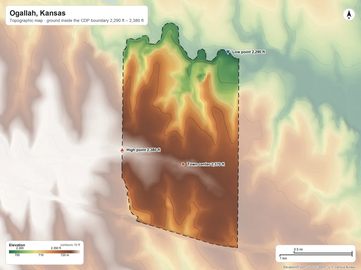 Topographic elevation map of Ogallah, Kansas, shaded from 2,290 ft on the north side to 2,380 ft on the west side