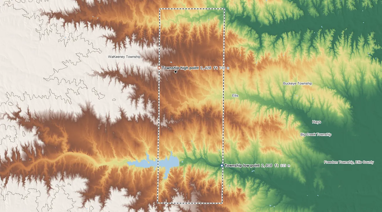 Topographic elevation map of Ogallah Township, Kansas, shaded from 2,010 ft on the southeast side to 2,420 ft near the middle