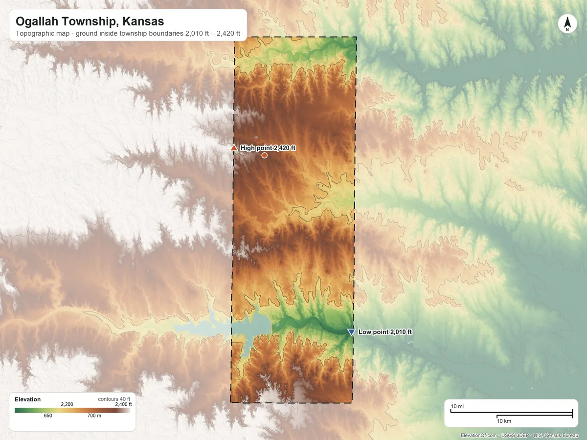 Topographic elevation map of Ogallah Township, Kansas, shaded from 2,010 ft on the southeast side to 2,420 ft near the middle
