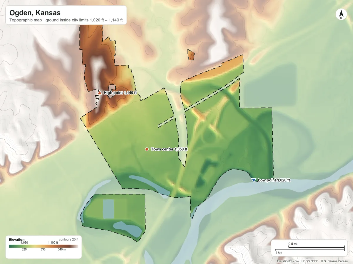 Topographic elevation map of Ogden, Kansas, shaded from 1,020 ft on the east side to 1,140 ft on the northwest side