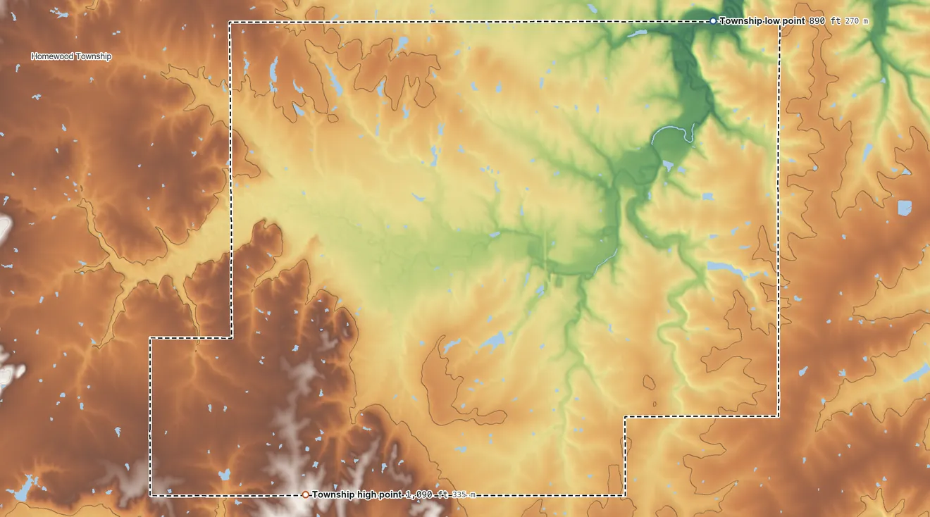 Topographic elevation map of Ohio Township, Franklin County, Kansas, shaded from 890 ft on the northeast side to 1,090 ft on the southwest side