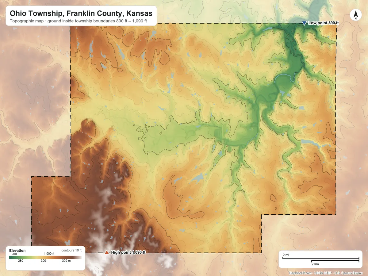 Topographic elevation map of Ohio Township, Franklin County, Kansas, shaded from 890 ft on the northeast side to 1,090 ft on the southwest side
