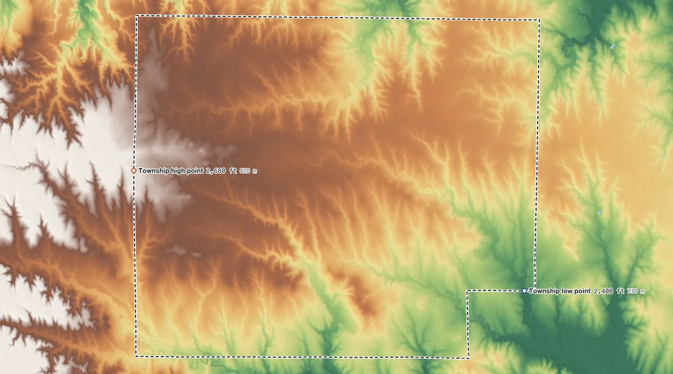 Topographic elevation map of Ohio Township, Ness County, Kansas, shaded from 2,400 ft on the southeast side to 2,680 ft on the west side