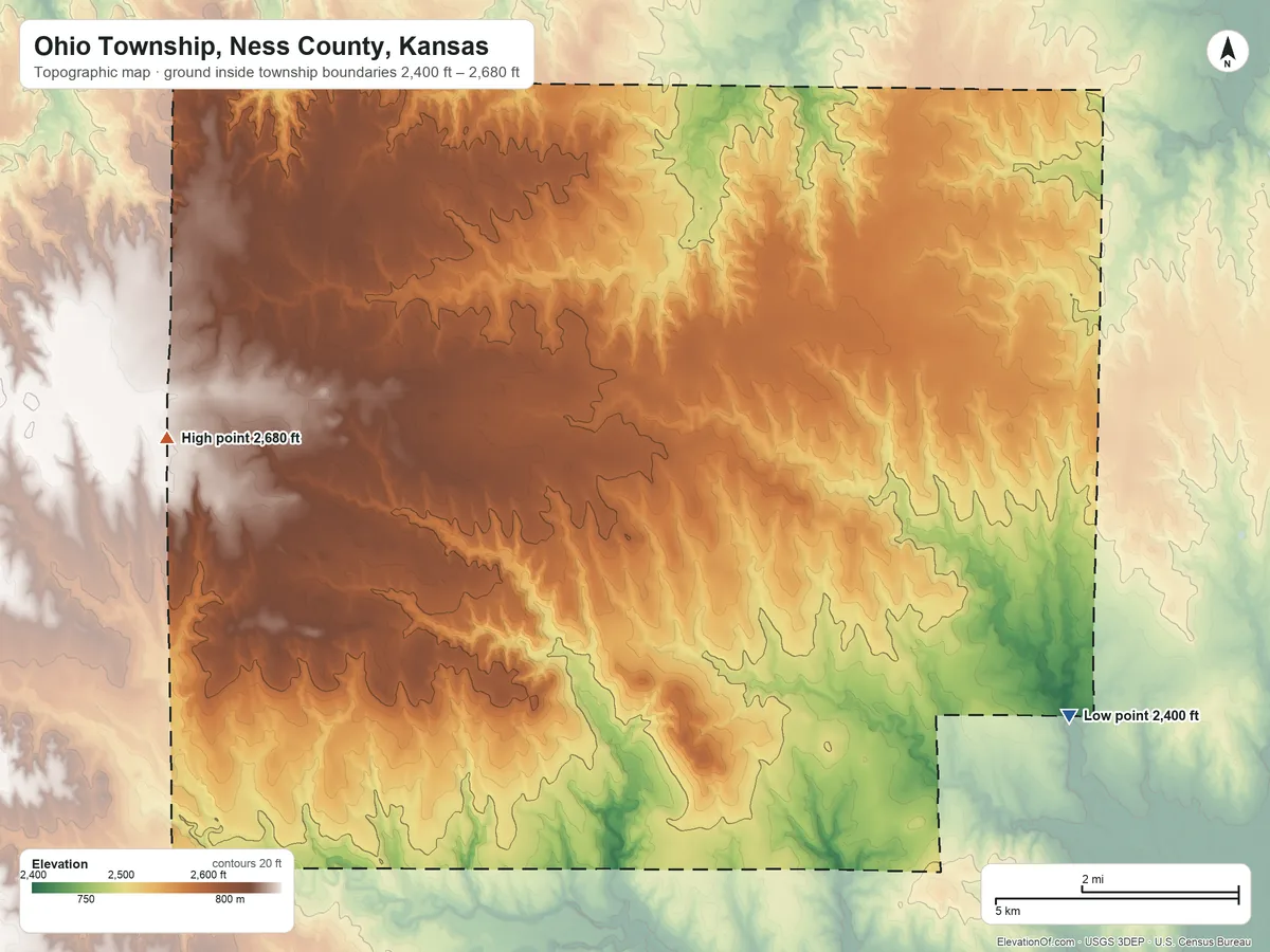 Topographic elevation map of Ohio Township, Ness County, Kansas, shaded from 2,400 ft on the southeast side to 2,680 ft on the west side
