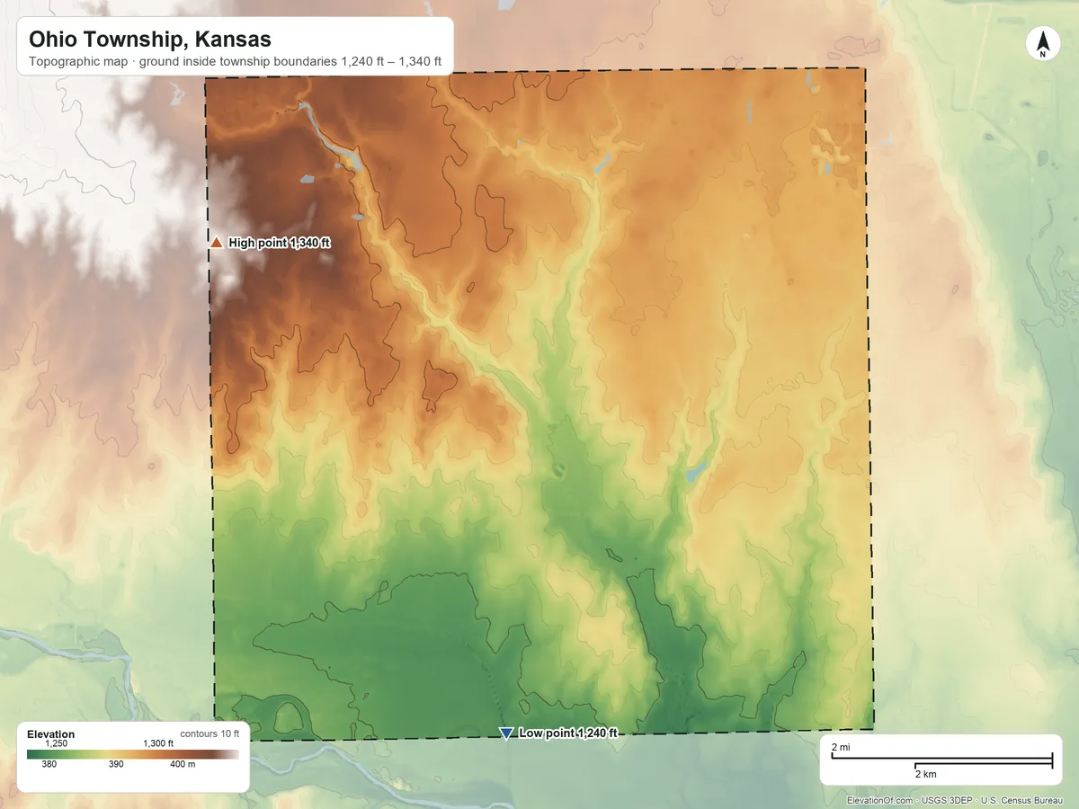 Topographic elevation map of Ohio Township, Kansas, shaded from 1,240 ft on the south side to 1,340 ft on the west side