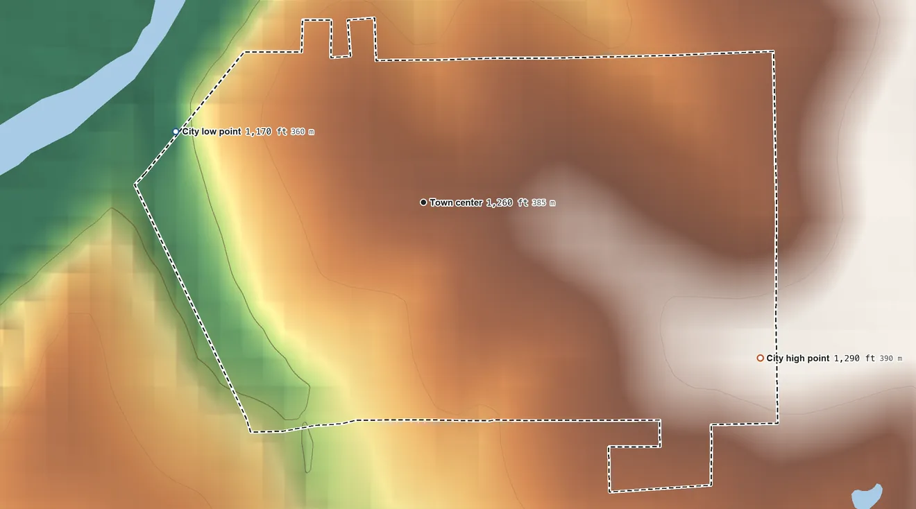 Topographic elevation map of Oketo, Kansas, shaded from 1,170 ft on the west side to 1,290 ft on the southeast side