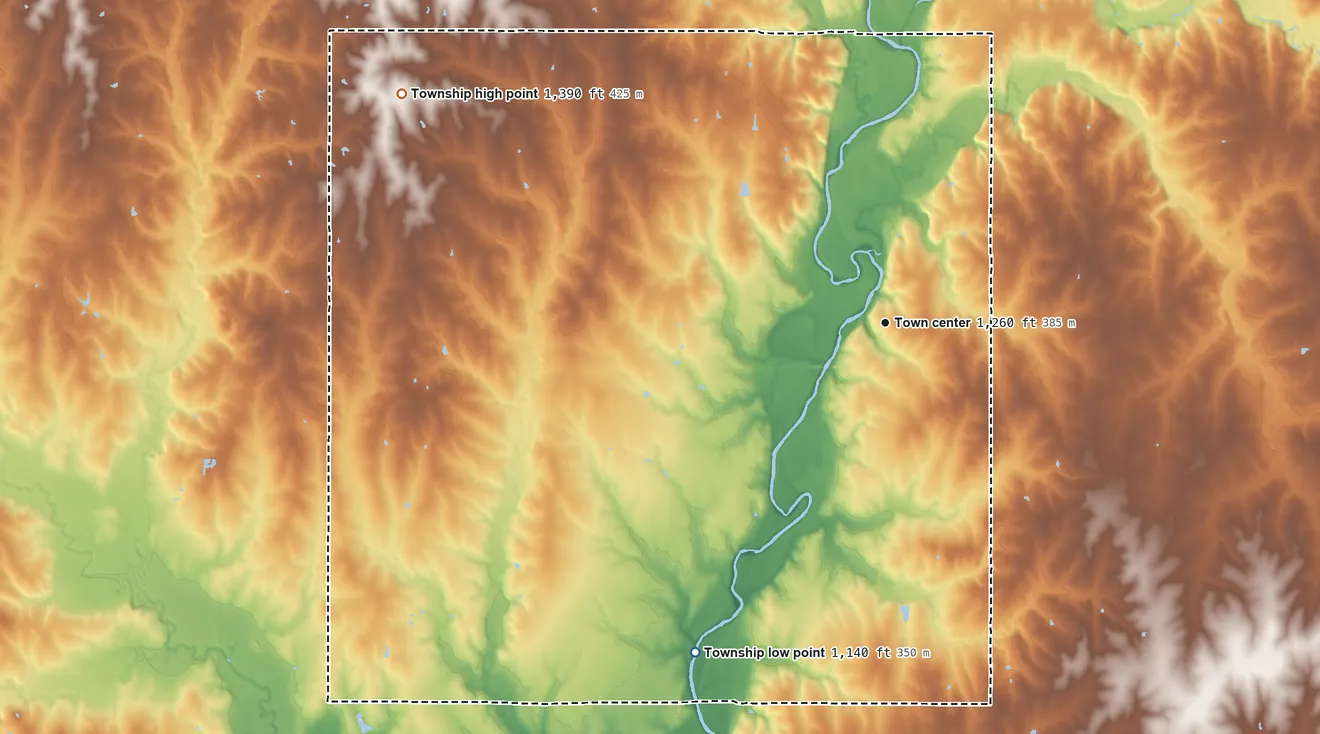 Topographic elevation map of Oketo Township, Kansas, shaded from 1,140 ft on the southwest side to 1,390 ft on the northwest side