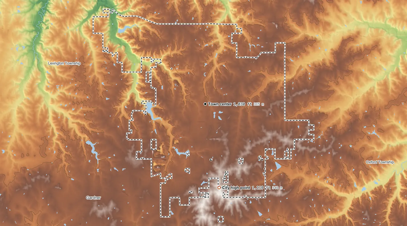 Topographic elevation map of Olathe, Kansas, shaded from 750 ft on the northwest side to 1,110 ft on the south side