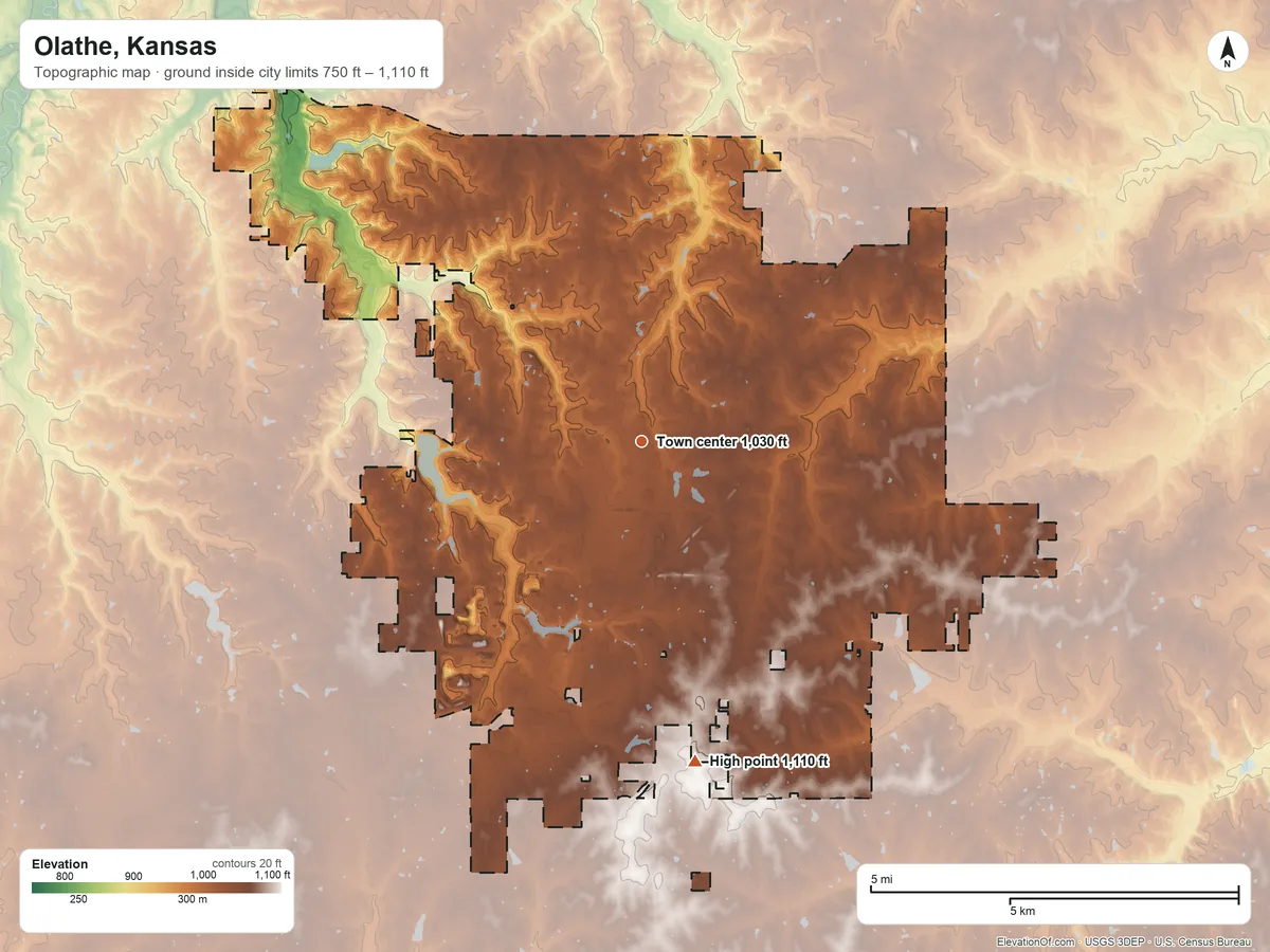 Topographic elevation map of Olathe, Kansas, shaded from 750 ft on the northwest side to 1,110 ft on the south side