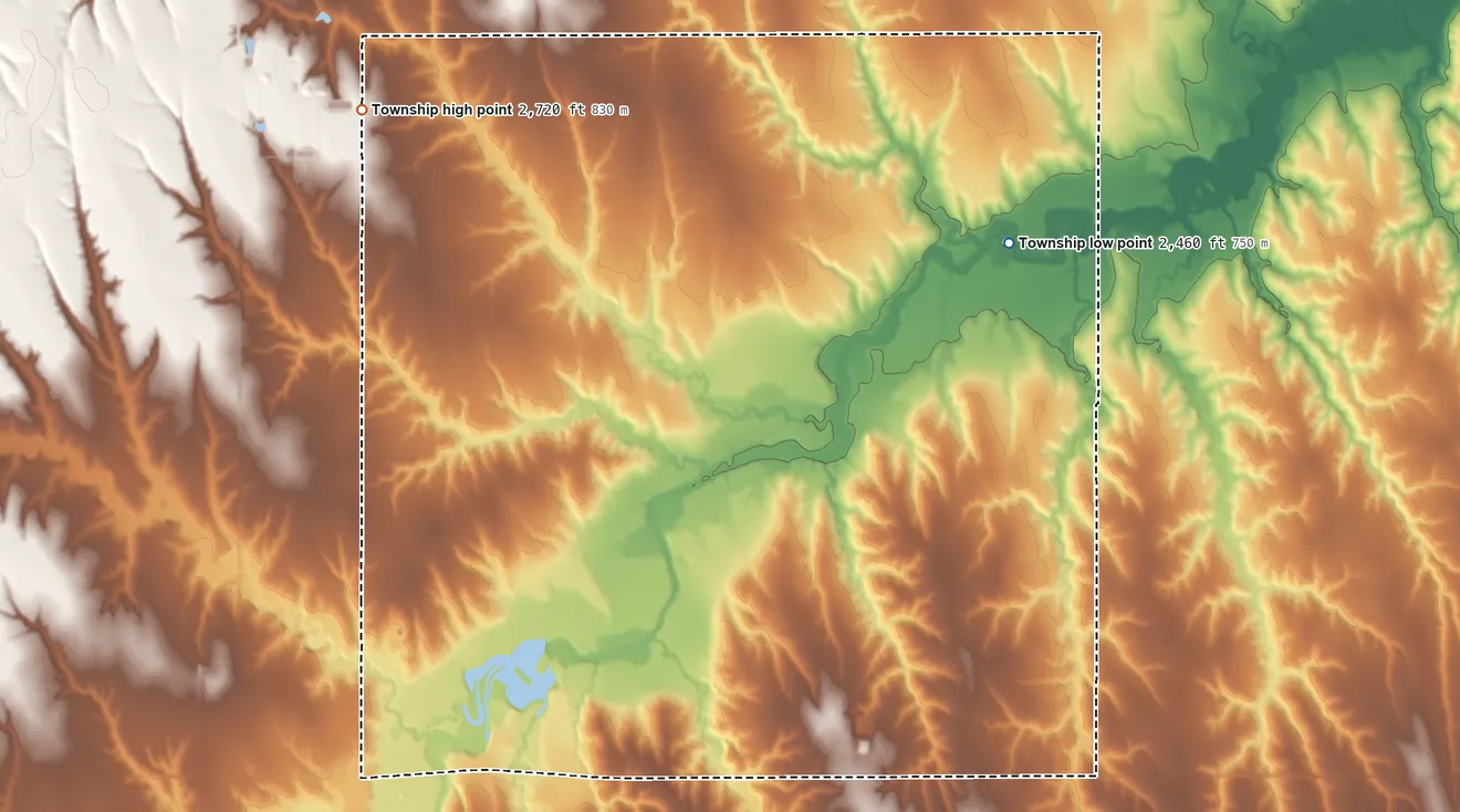 Topographic elevation map of Olive Township, Kansas, shaded from 2,460 ft on the east side to 2,720 ft on the northwest side