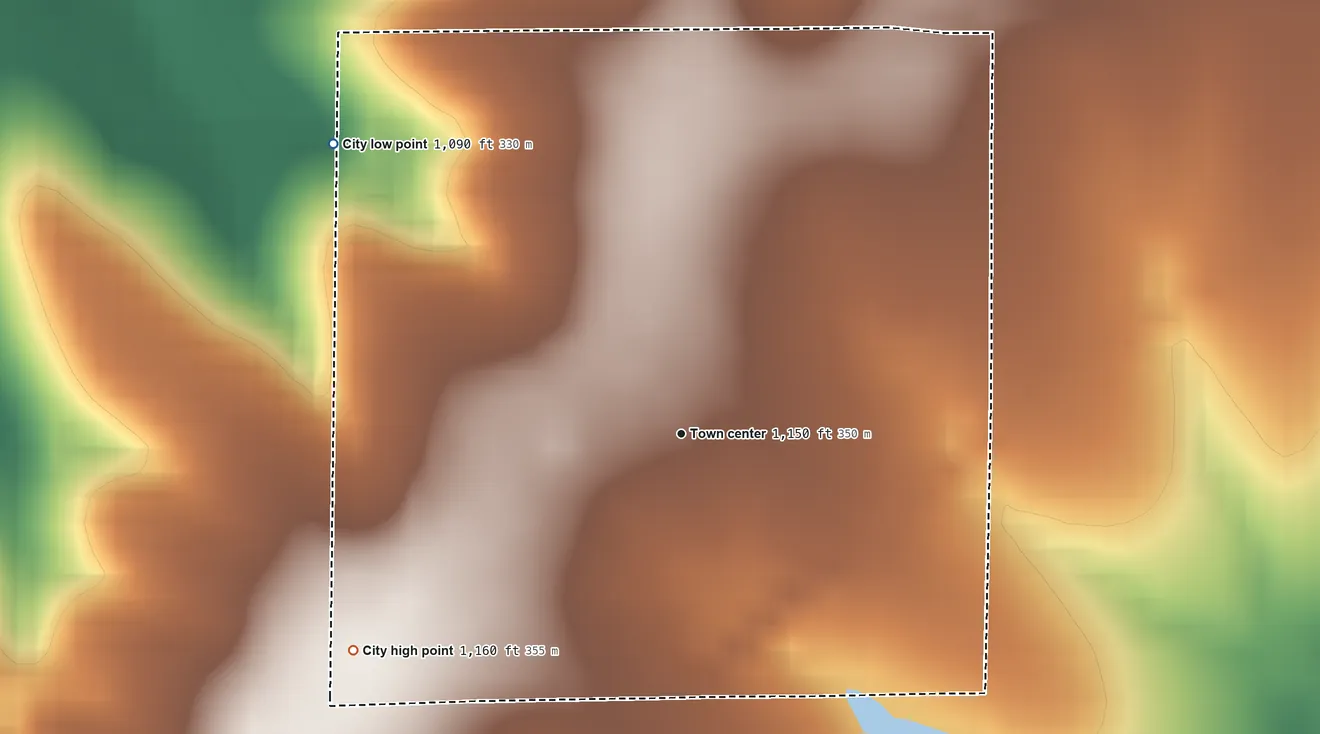 Topographic elevation map of Olivet, Kansas, shaded from 1,090 ft on the northwest side to 1,160 ft on the southwest side