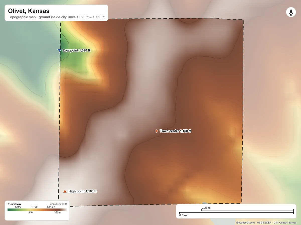 Topographic elevation map of Olivet, Kansas, shaded from 1,090 ft on the northwest side to 1,160 ft on the southwest side