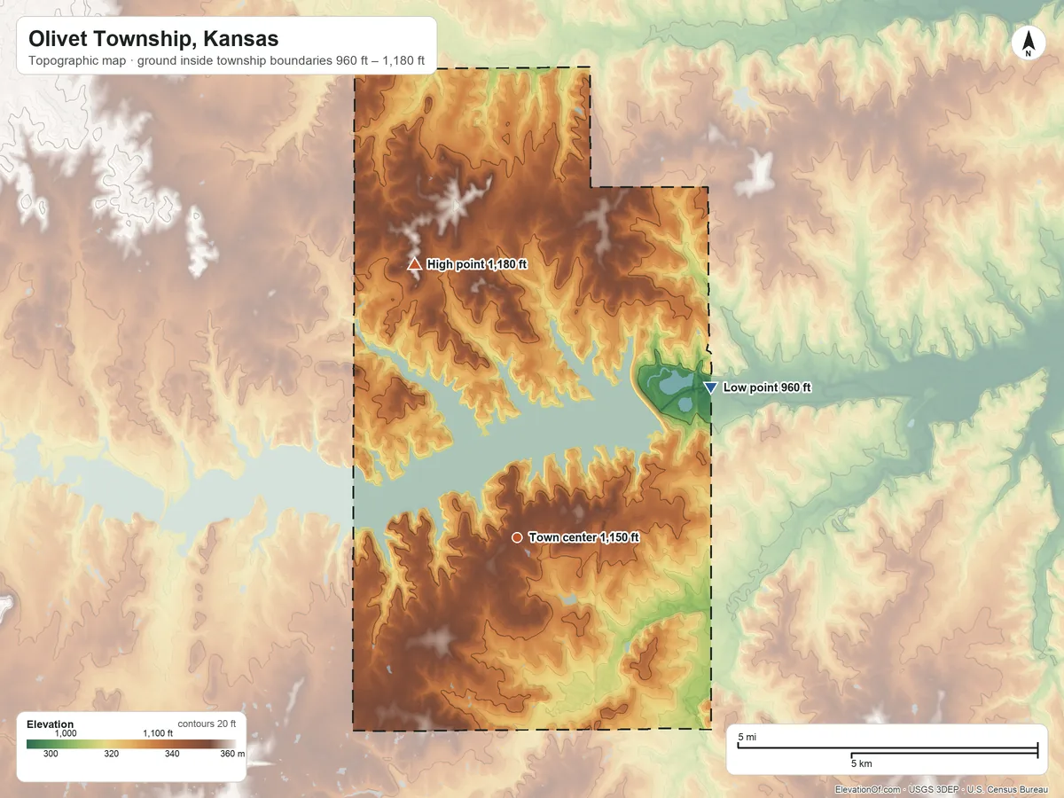 Topographic elevation map of Olivet Township, Kansas, shaded from 960 ft on the northeast side to 1,180 ft on the north side