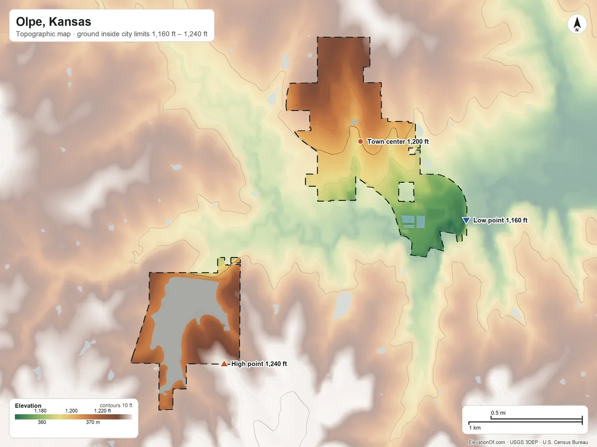 Topographic elevation map of Olpe, Kansas, shaded from 1,160 ft on the southeast side to 1,240 ft on the southwest side