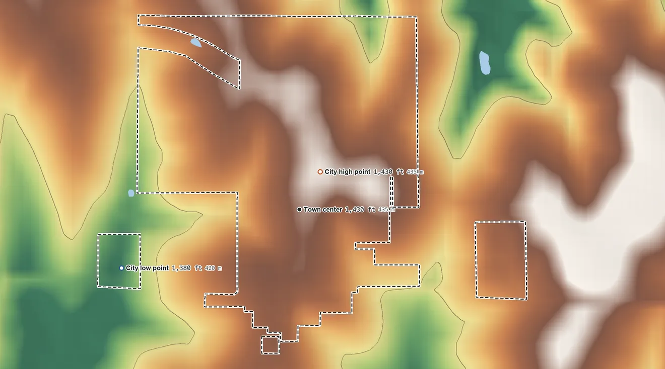 Topographic elevation map of Olsburg, Kansas, shaded from 1,380 ft on the west side to 1,430 ft near the middle