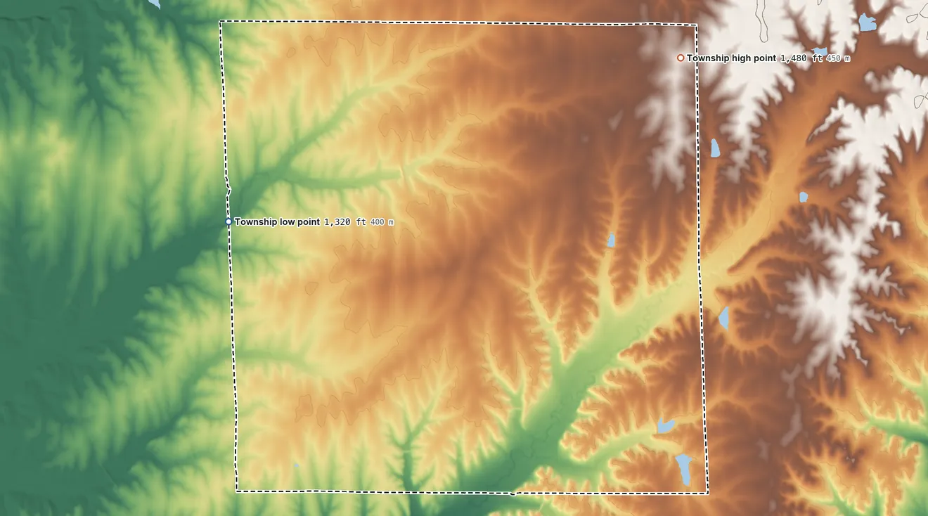 Topographic elevation map of Omnia Township, Kansas, shaded from 1,320 ft on the west side to 1,480 ft on the northeast side