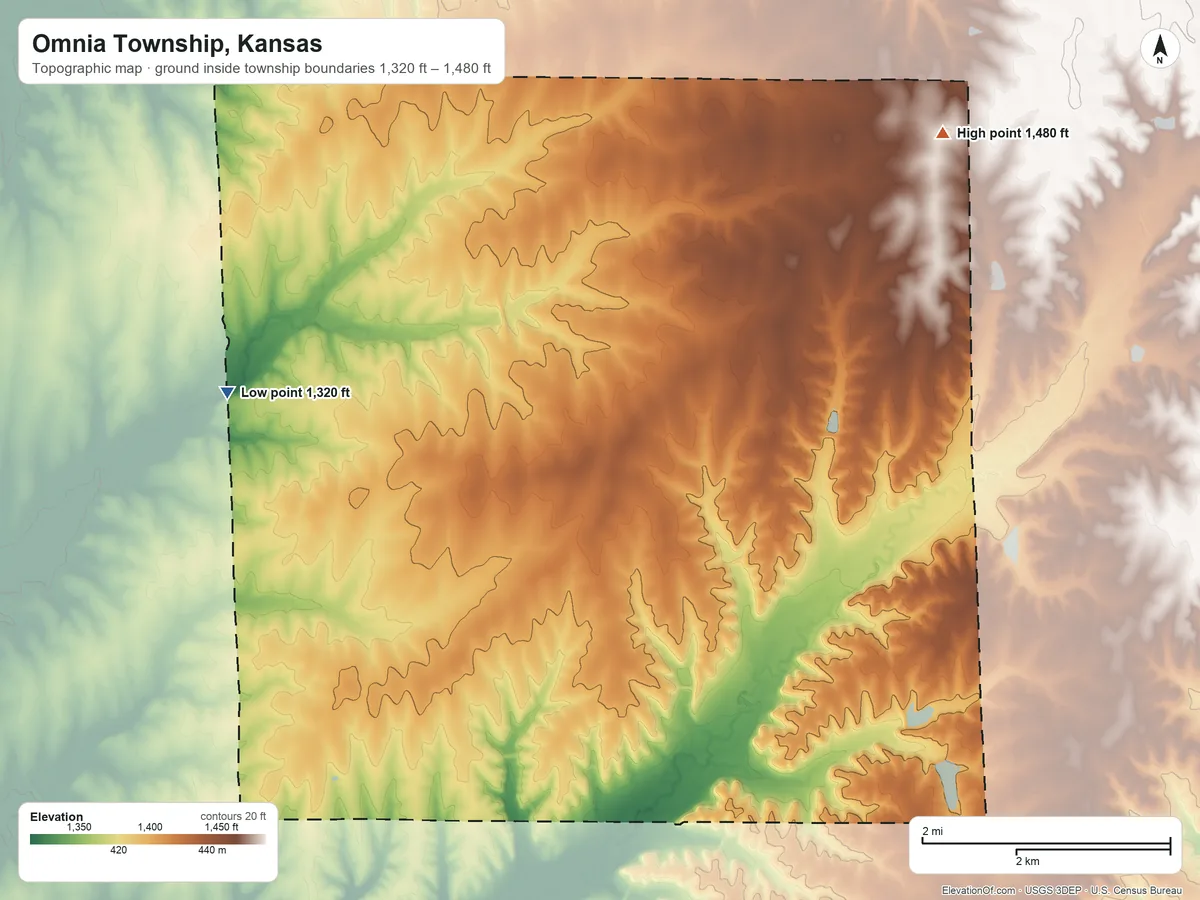 Topographic elevation map of Omnia Township, Kansas, shaded from 1,320 ft on the west side to 1,480 ft on the northeast side