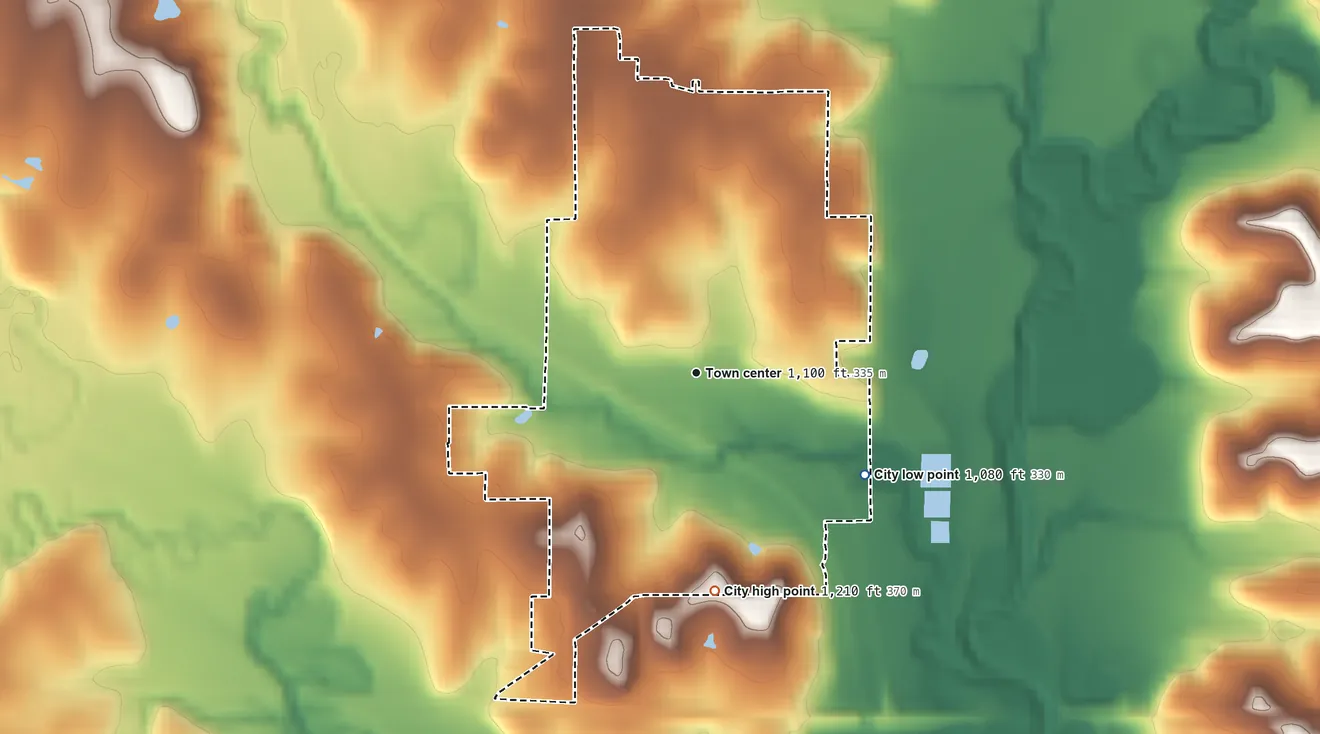 Topographic elevation map of Onaga, Kansas, shaded from 1,080 ft on the southeast side to 1,210 ft on the south side