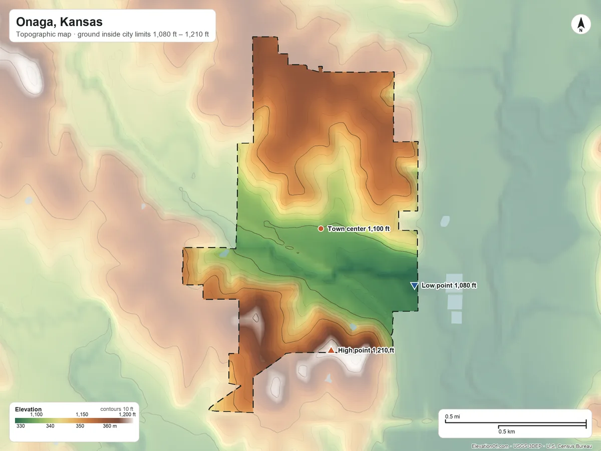 Topographic elevation map of Onaga, Kansas, shaded from 1,080 ft on the southeast side to 1,210 ft on the south side