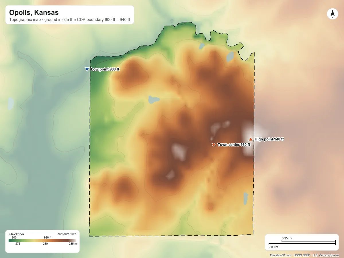 Topographic elevation map of Opolis, Kansas, shaded from 900 ft on the northwest side to 940 ft on the east side