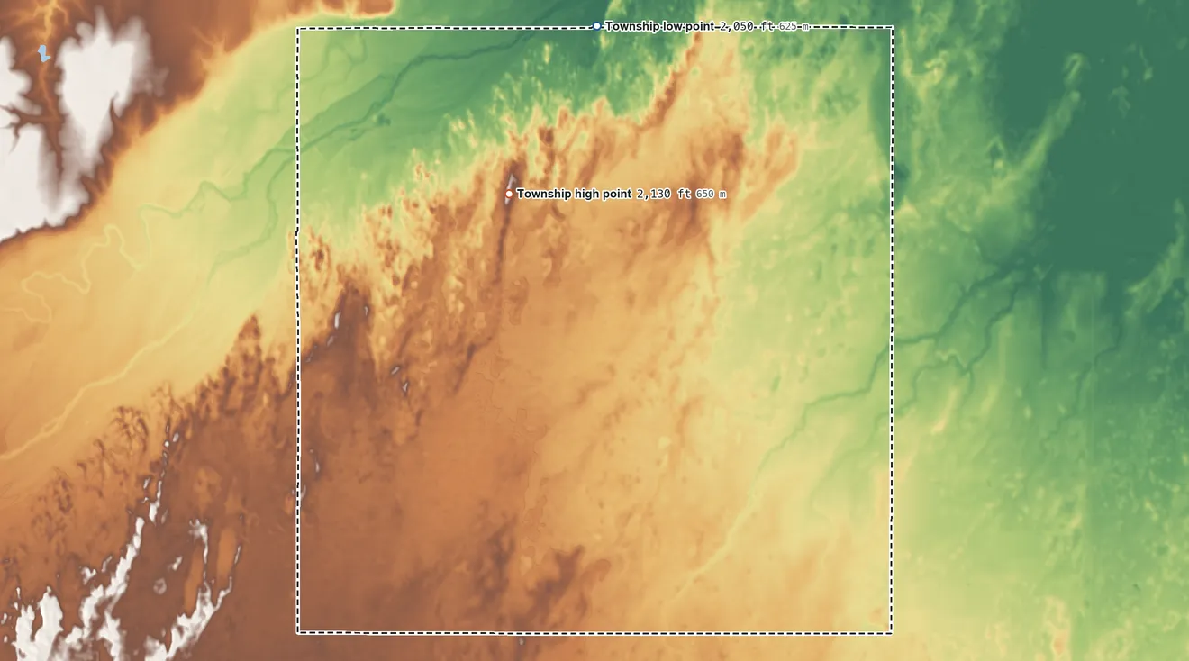 Topographic elevation map of Orange Township, Kansas, shaded from 2,050 ft on the north side to 2,130 ft on the north side
