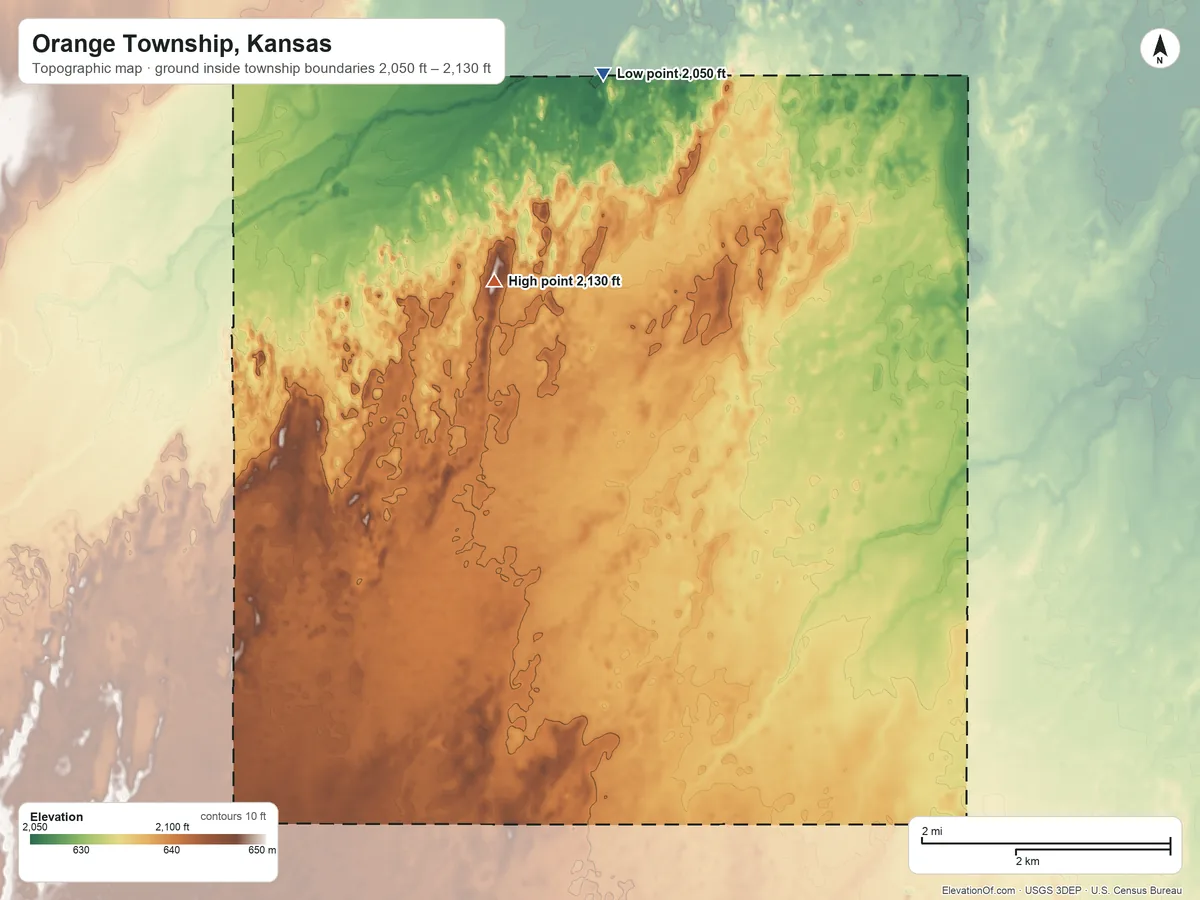 Topographic elevation map of Orange Township, Kansas, shaded from 2,050 ft on the north side to 2,130 ft on the north side