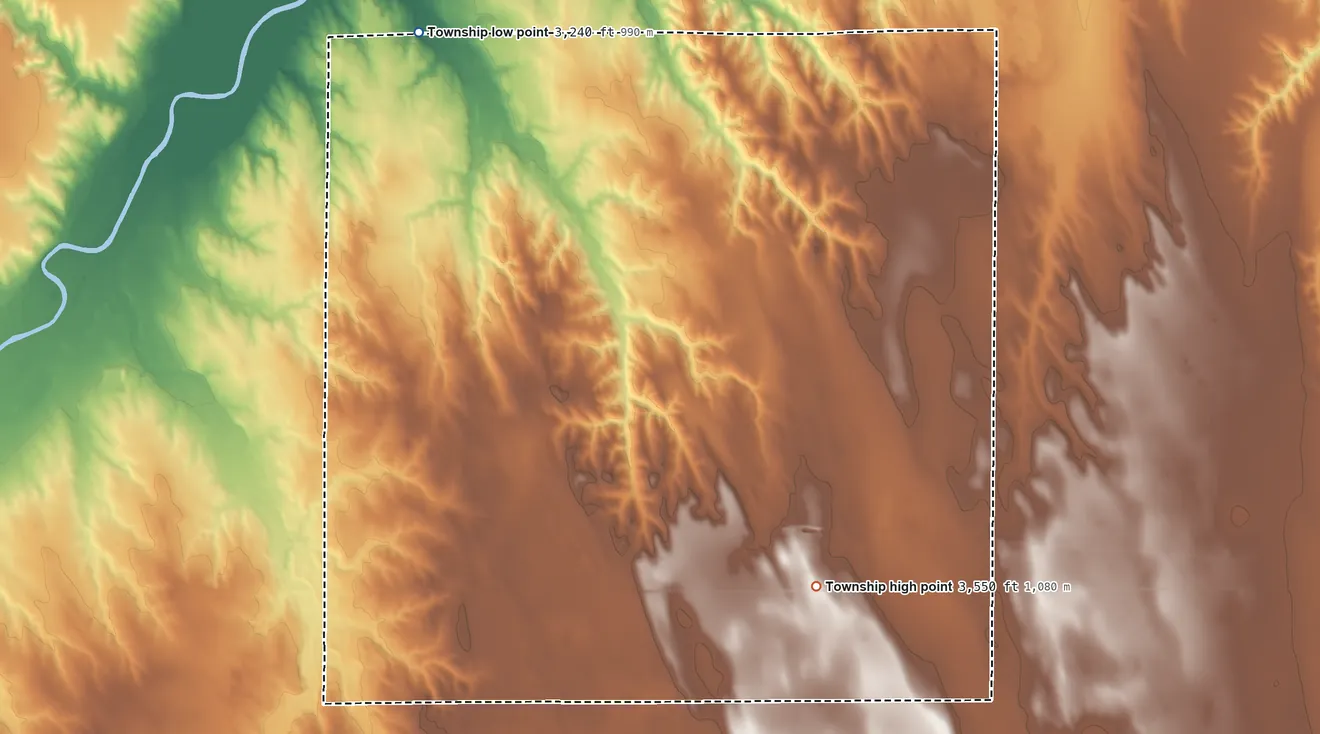Topographic elevation map of Orlando Township, Kansas, shaded from 3,240 ft on the northwest side to 3,550 ft on the southeast side