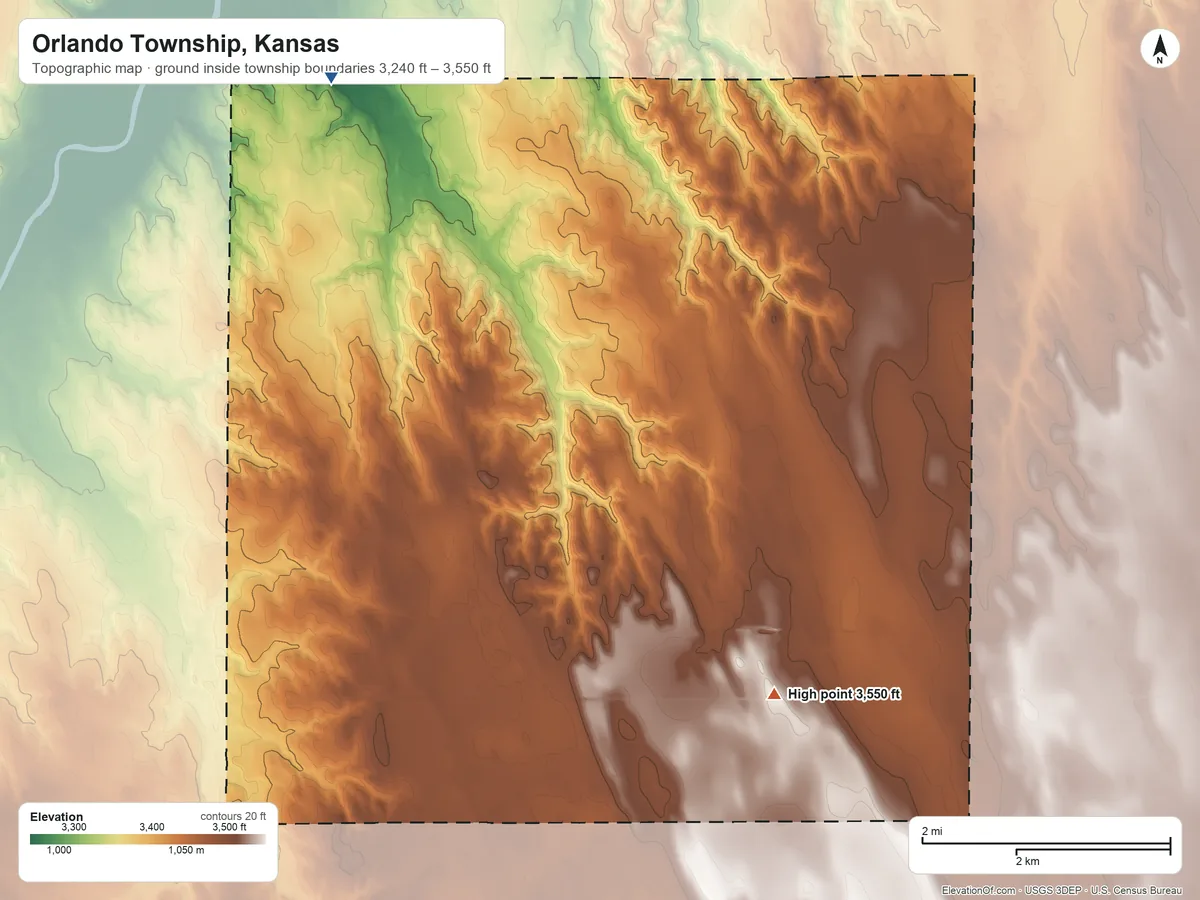 Topographic elevation map of Orlando Township, Kansas, shaded from 3,240 ft on the northwest side to 3,550 ft on the southeast side