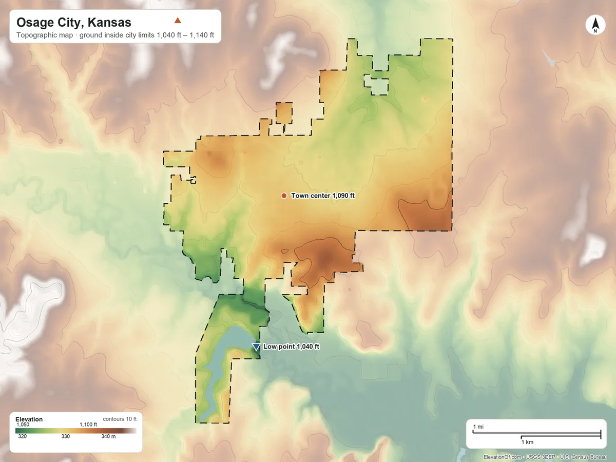Topographic elevation map of Osage City, Kansas, shaded from 1,040 ft on the south side to 1,140 ft on the northwest side
