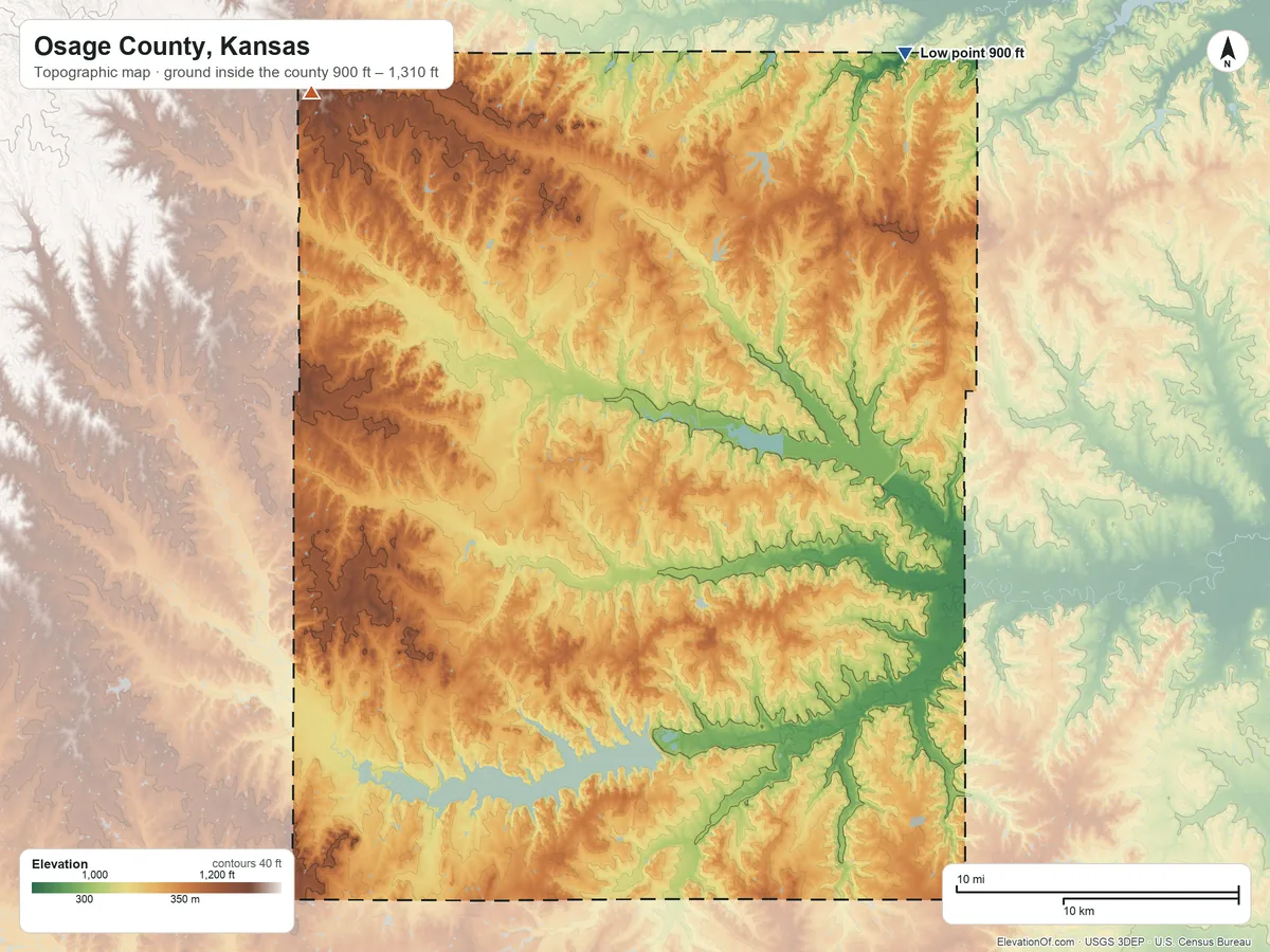 Topographic elevation map of Osage County, Kansas, shaded from 900 ft on the northeast side to 1,310 ft on the northwest side