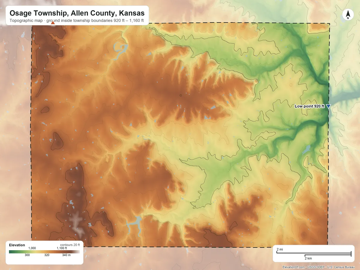 Topographic elevation map of Osage Township, Allen County, Kansas, shaded from 920 ft on the east side to 1,160 ft on the northwest side