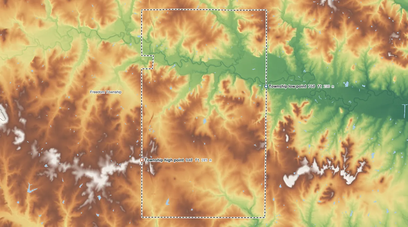 Topographic elevation map of Osage Township, Bourbon County, Kansas, shaded from 760 ft on the east side to 940 ft on the southwest side