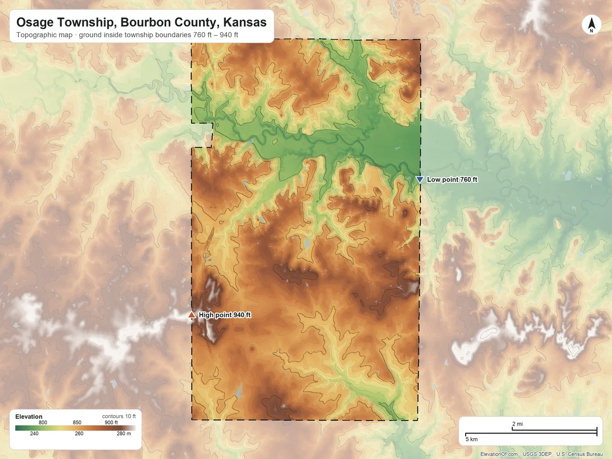 Topographic elevation map of Osage Township, Bourbon County, Kansas, shaded from 760 ft on the east side to 940 ft on the southwest side