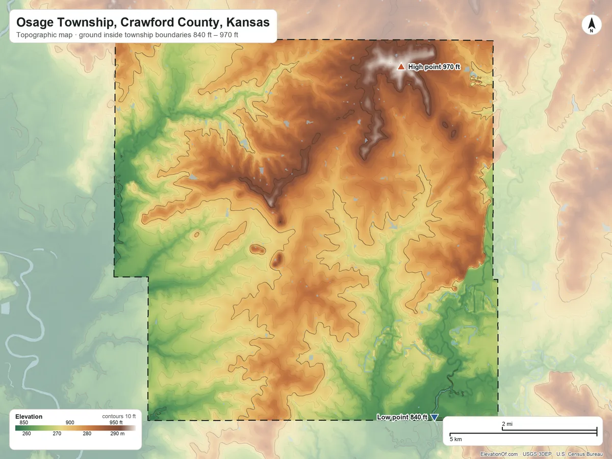 Topographic elevation map of Osage Township, Crawford County, Kansas, shaded from 840 ft on the southeast side to 970 ft on the north side