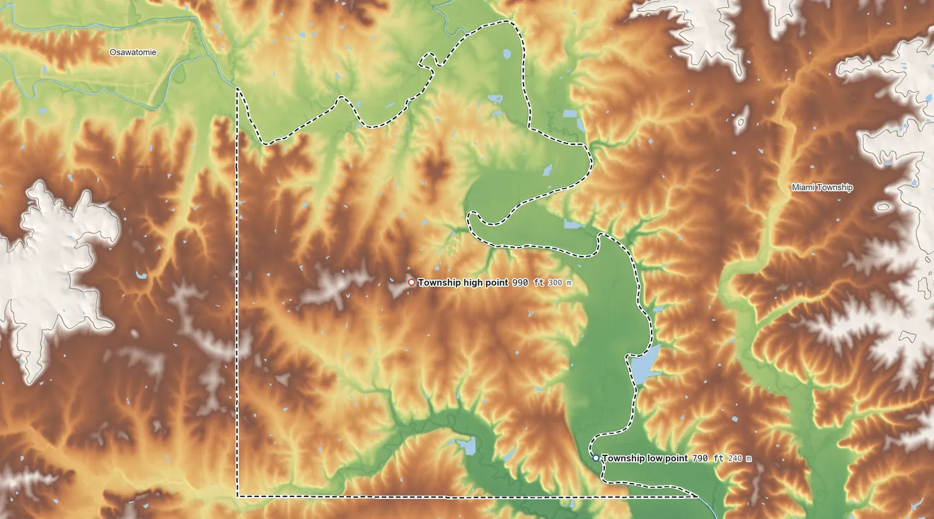 Topographic elevation map of Osage Township, Miami County, Kansas, shaded from 790 ft on the southeast side to 990 ft on the north side