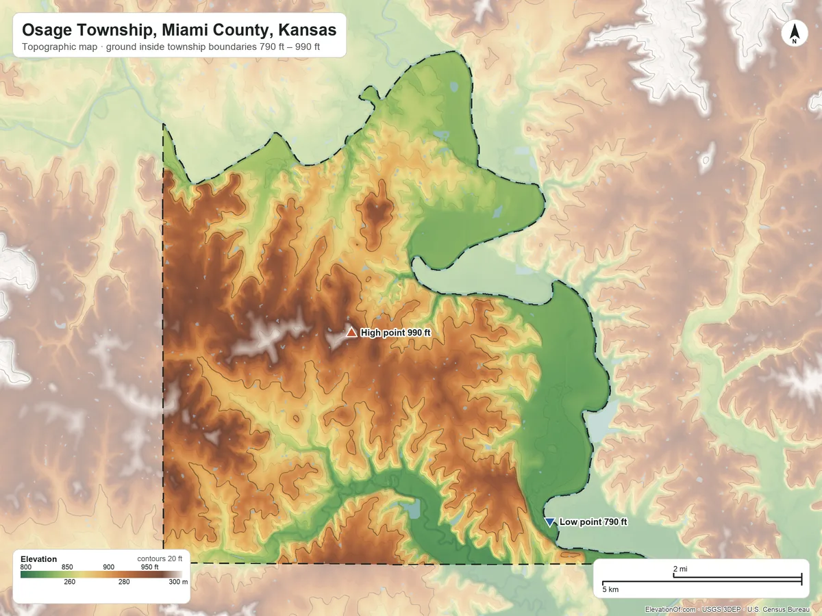 Topographic elevation map of Osage Township, Miami County, Kansas, shaded from 790 ft on the southeast side to 990 ft on the north side