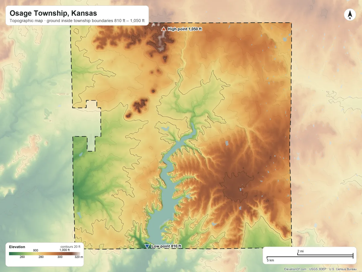Topographic elevation map of Osage Township, Kansas, shaded from 810 ft on the south side to 1,050 ft on the northwest side
