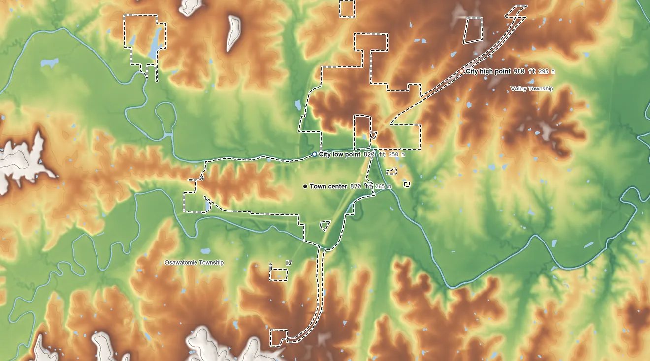 Topographic elevation map of Osawatomie, Kansas, shaded from 820 ft near the middle to 980 ft on the northeast side