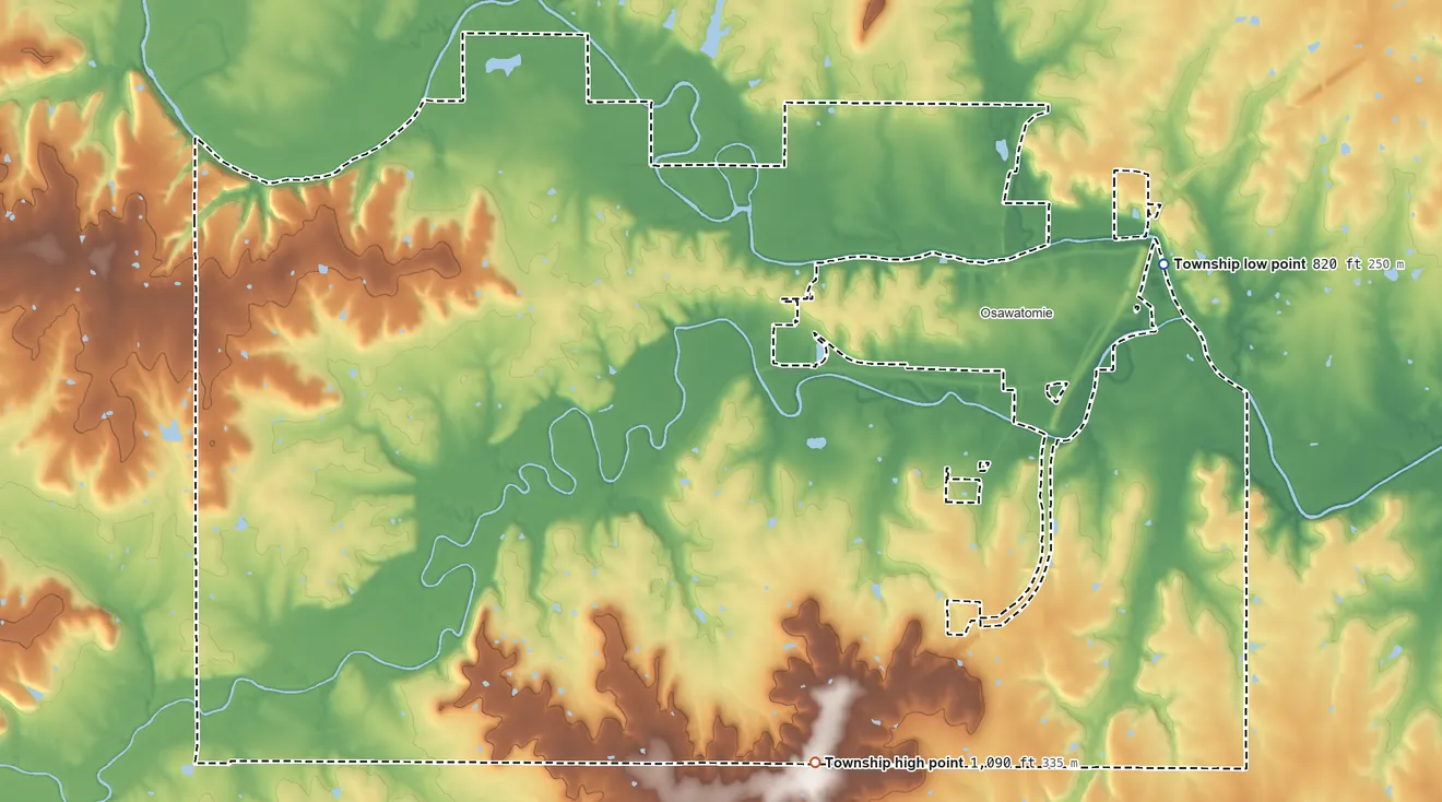 Topographic elevation map of Osawatomie Township, Kansas, shaded from 820 ft on the northeast side to 1,090 ft on the south side