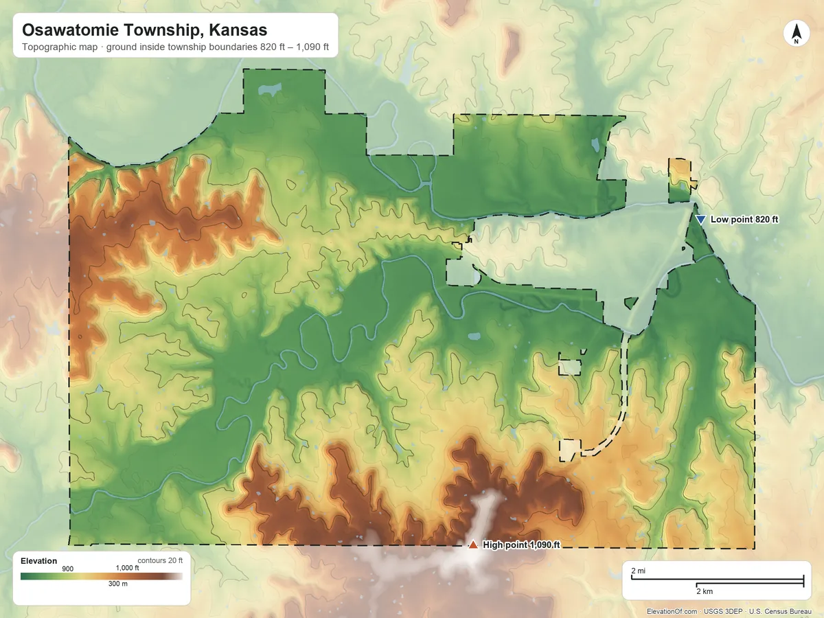 Topographic elevation map of Osawatomie Township, Kansas, shaded from 820 ft on the northeast side to 1,090 ft on the south side