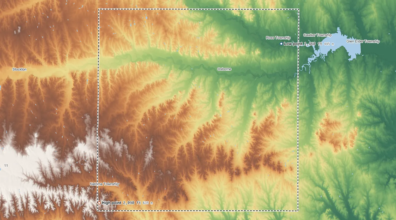 Topographic elevation map of Osborne County, Kansas, shaded from 1,460 ft on the northeast side to 2,090 ft on Mount Os