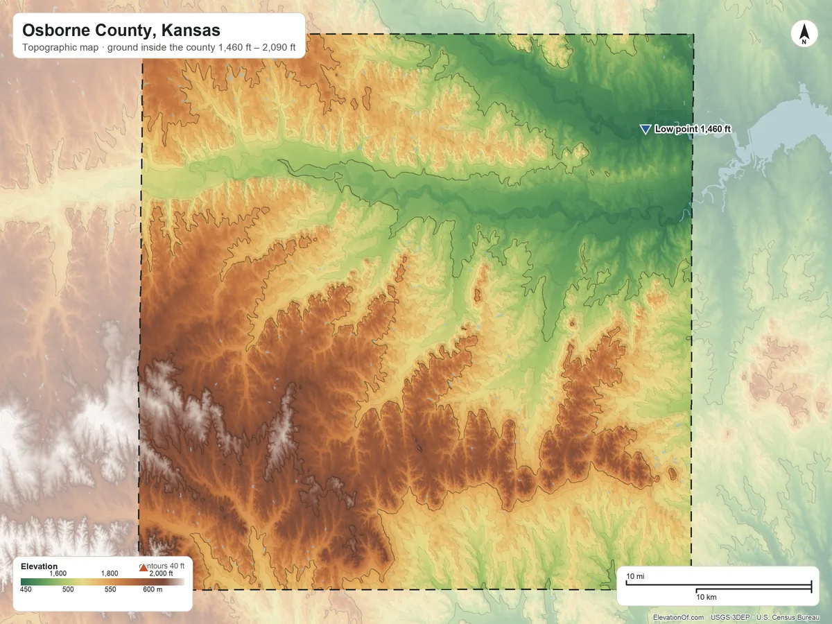 Topographic elevation map of Osborne County, Kansas, shaded from 1,460 ft on the northeast side to 2,090 ft on Mount Os