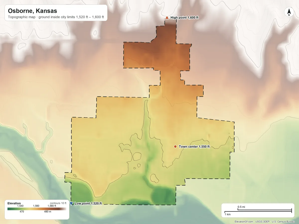 Topographic elevation map of Osborne, Kansas, shaded from 1,520 ft on the southwest side to 1,600 ft on the north side