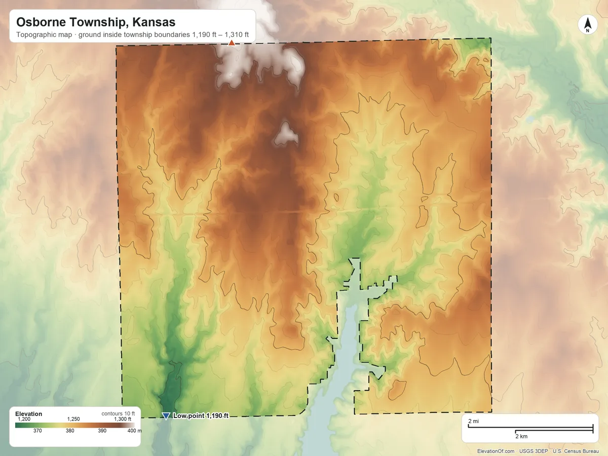 Topographic elevation map of Osborne Township, Kansas, shaded from 1,190 ft on the southwest side to 1,310 ft on the north side