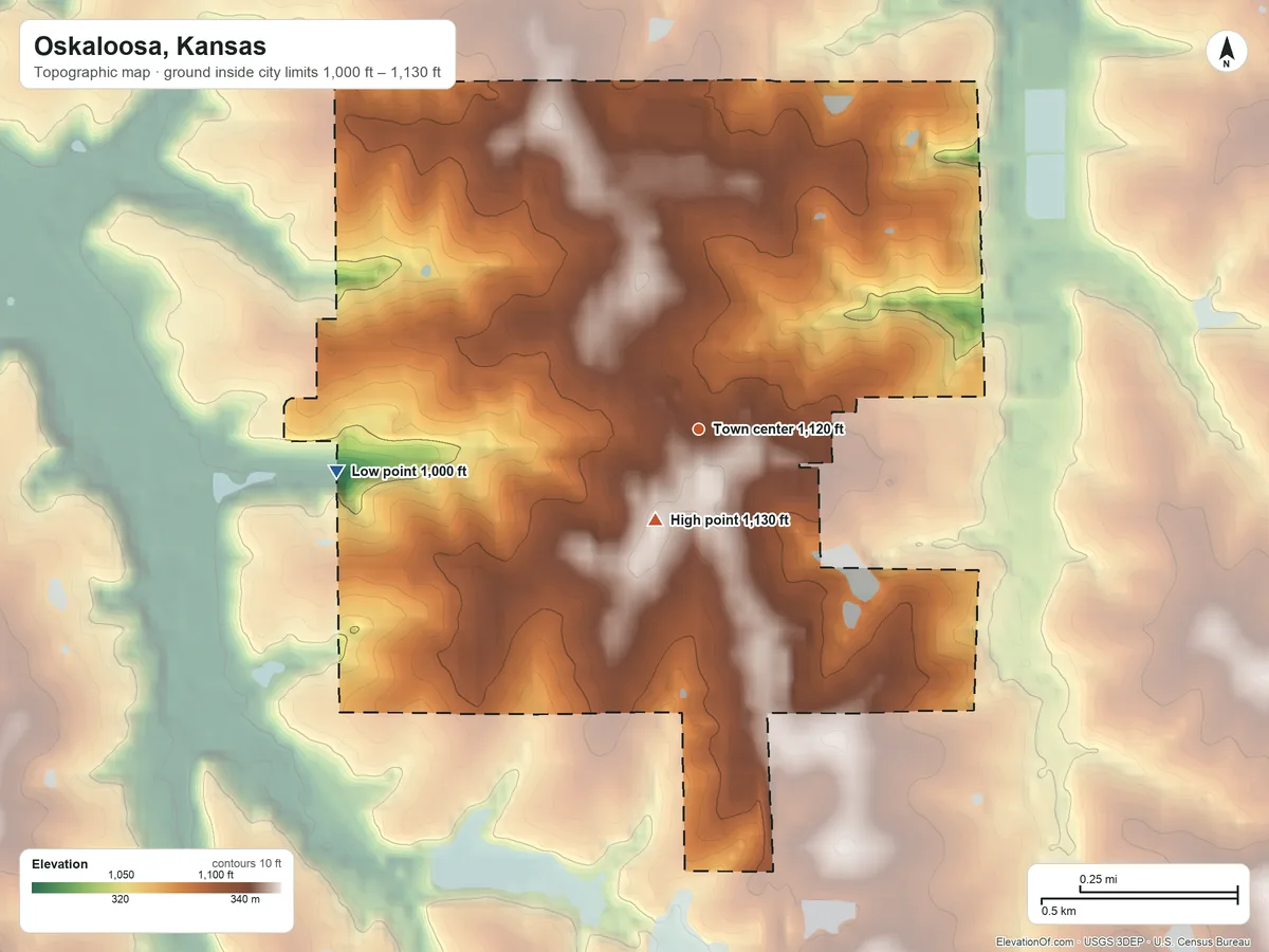 Topographic elevation map of Oskaloosa, Kansas, shaded from 1,000 ft on the west side to 1,130 ft near the middle