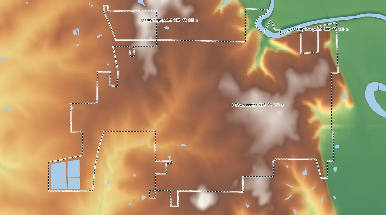 Topographic elevation map of Oswego, Kansas, shaded from 800 ft on the northeast side to 930 ft on the northwest side