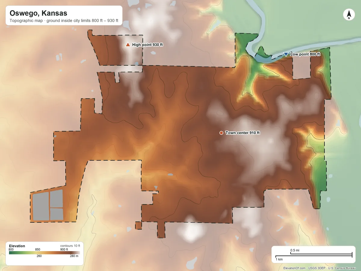 Topographic elevation map of Oswego, Kansas, shaded from 800 ft on the northeast side to 930 ft on the northwest side
