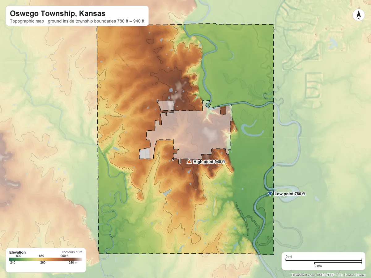 Topographic elevation map of Oswego Township, Kansas, shaded from 780 ft on the east side to 940 ft near the middle