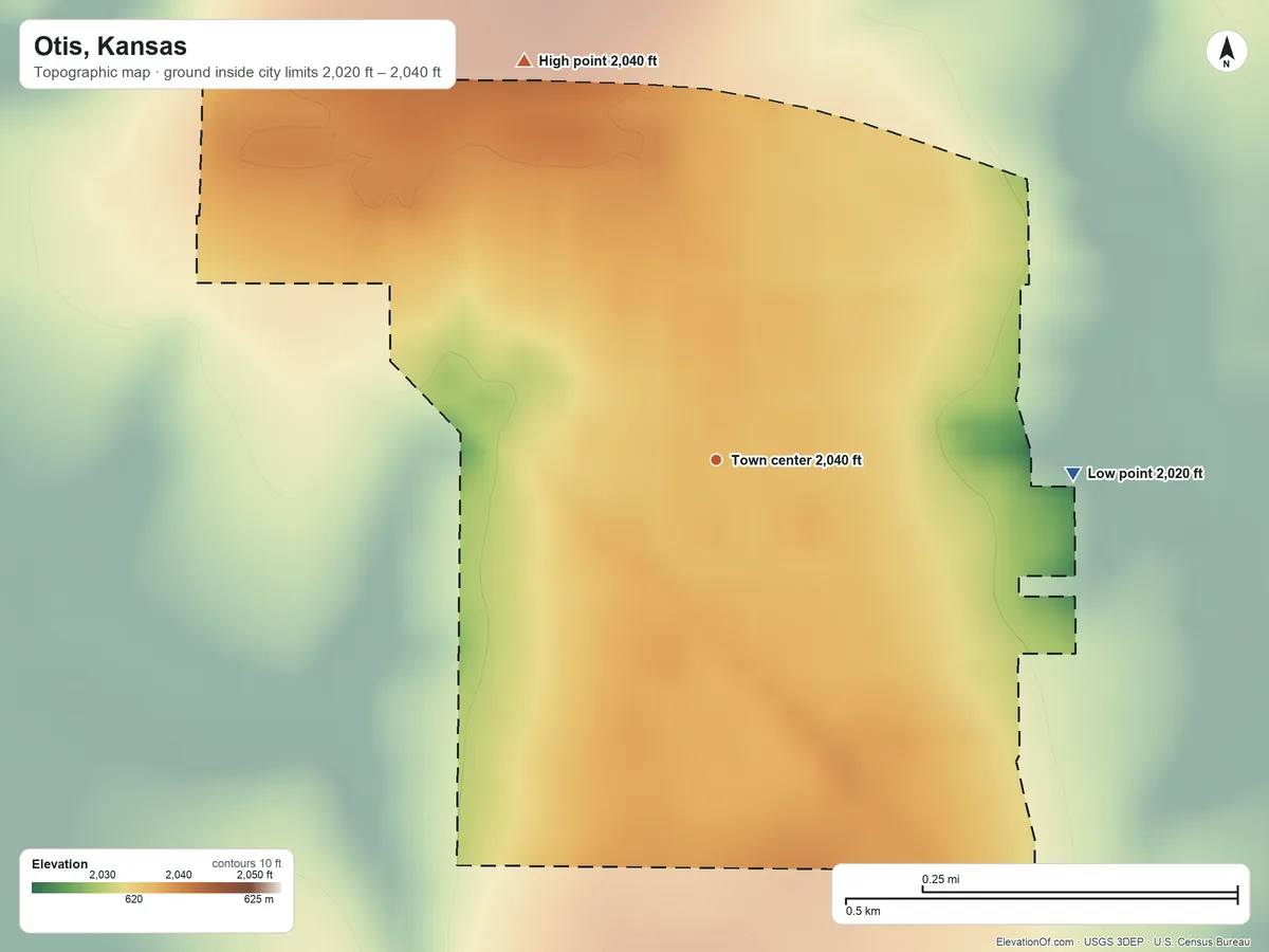 Topographic elevation map of Otis, Kansas, shaded from 2,020 ft on the east side to 2,040 ft on the northwest side